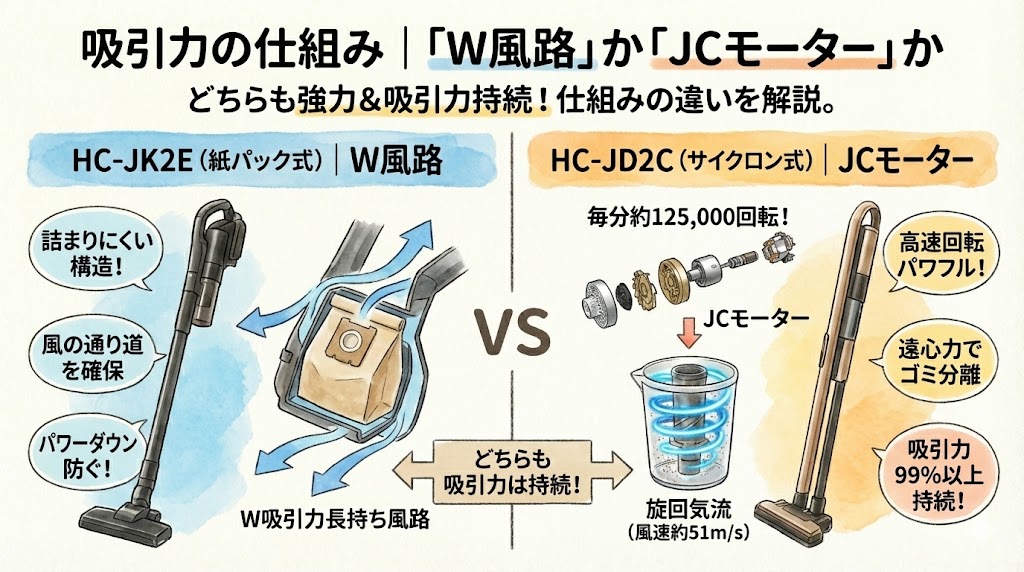 吸引力の仕組み｜「W風路」か「JCモーター」か