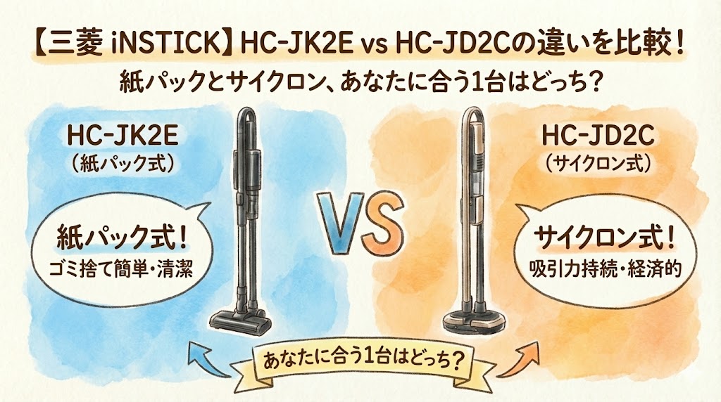 【三菱 iNSTICK】HC-JK2E vs HC-JD2Cの違いを比較！紙パックとサイクロン、あなたに合う1台はどっち？