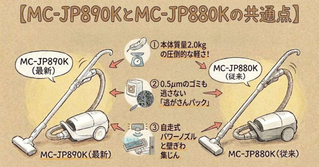MC-JP890KとMC-JP880Kの共通点｜軽さと排気性能