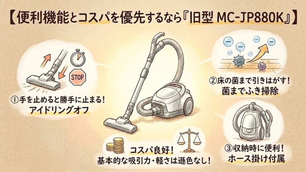 便利機能とコスパを優先するなら「旧型 MC-JP880K」