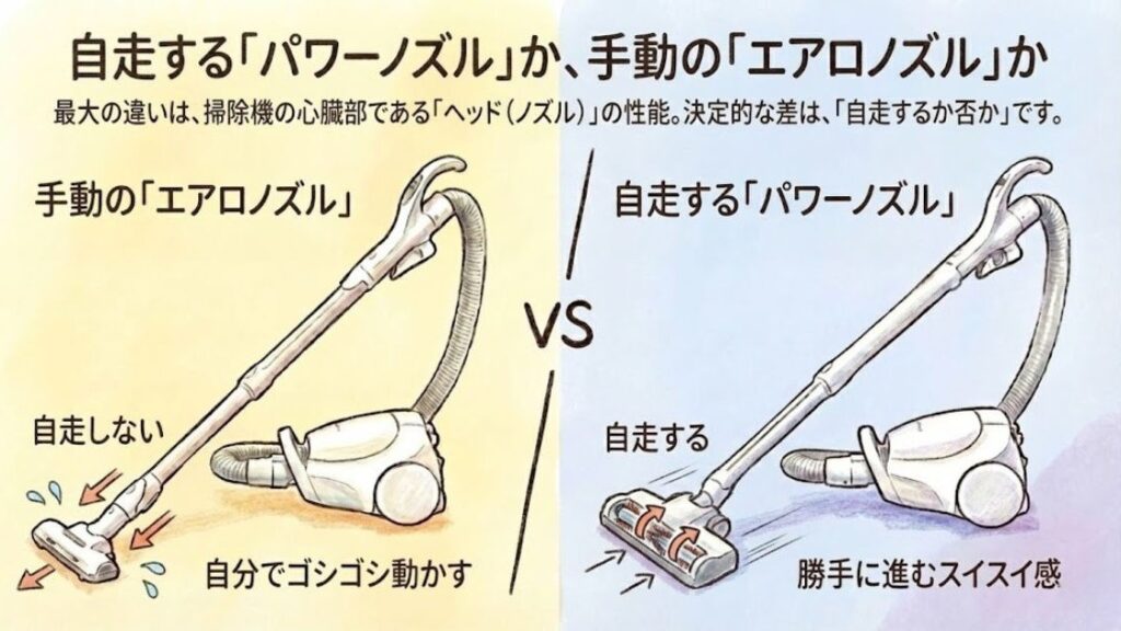 自走する「パワーノズル」か、手動の「エアロノズル」か