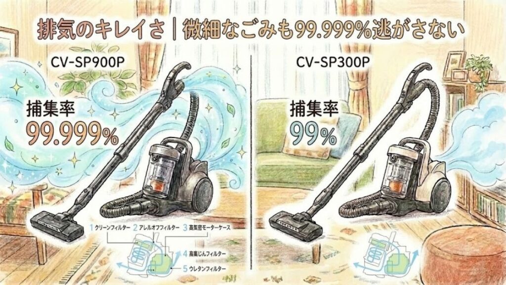排気のキレイさ（捕集率99.999% vs 99%）