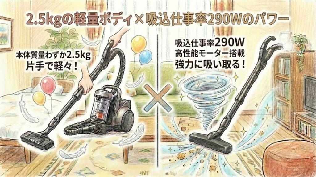2.5kgの軽量ボディ×吸込仕事率290Wのパワー