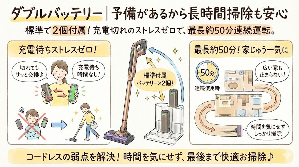ダブルバッテリー｜予備があるから長時間掃除も安心