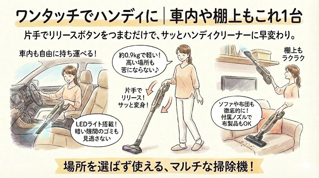 ワンタッチでハンディに｜車内や棚上もこれ1台