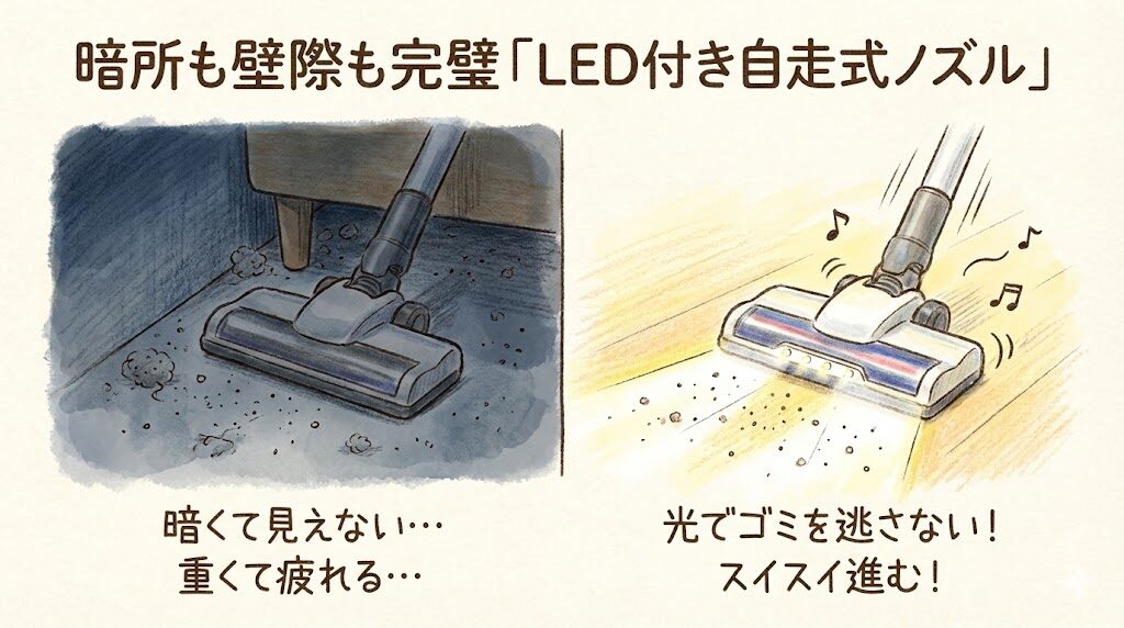 暗所も壁際も完璧「LED付き自走式ノズル」