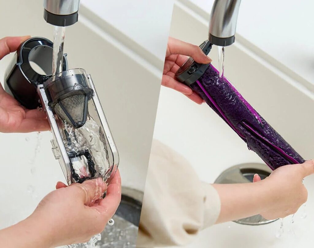 ブラシロール、ダストカップ、フィルターは取り外して水洗いが可能。