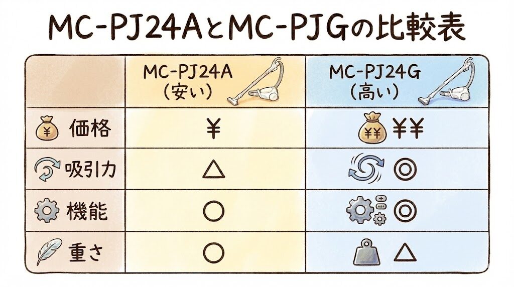 MC-PJ24AとMC-PJ24Gの比較表
