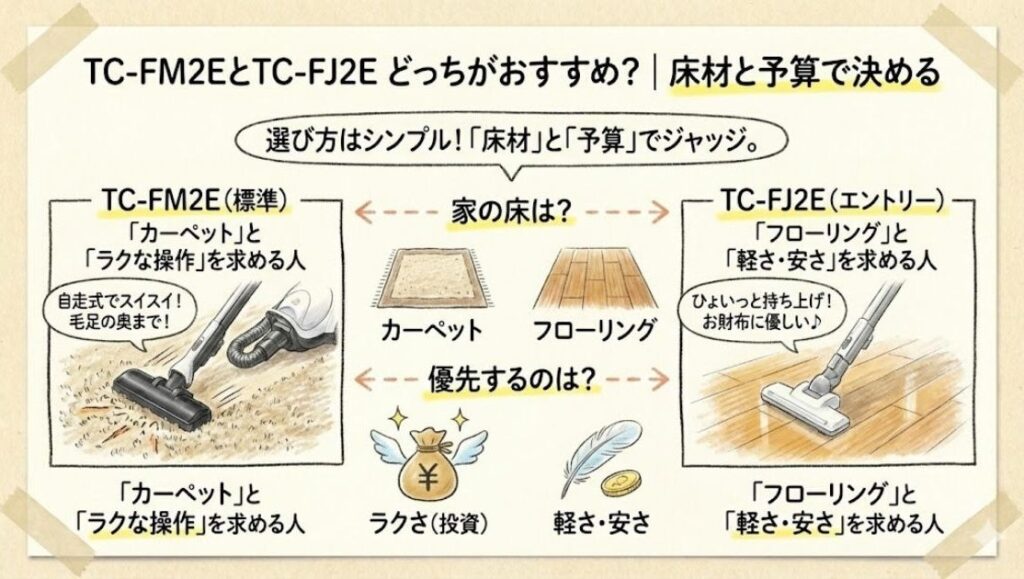 TC-FM2EとTC-FJ2E どっちがおすすめ？｜床材と予算で決める