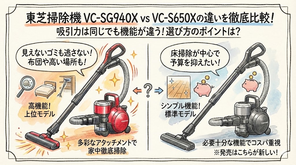 東芝掃除機 VC-SG940XとVC-S650Xの違いを徹底比較！吸引力や機能はどう変わる？