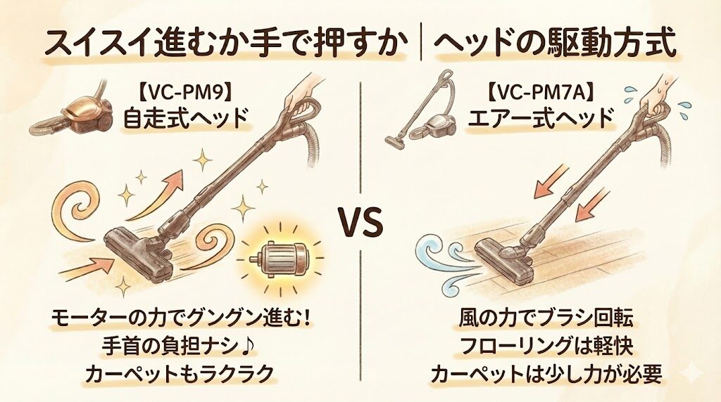 スイスイ進むか手で押すか｜ヘッドの駆動方式