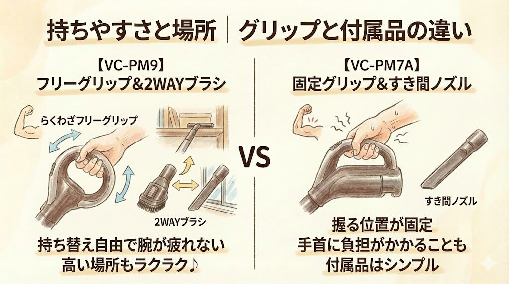 持ちやすさと場所｜グリップと付属品の違い
