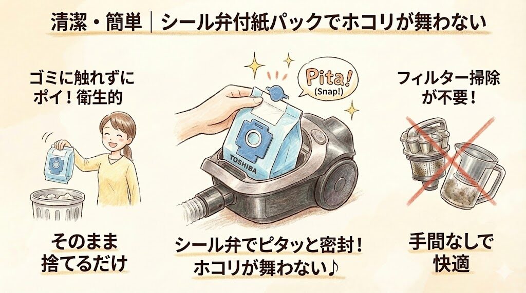 清潔・簡単｜シール弁付紙パックでホコリが舞わない