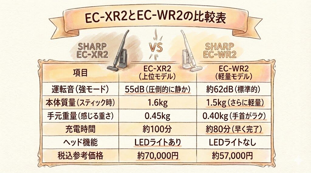 EC-XR2とEC-WR2の比較表