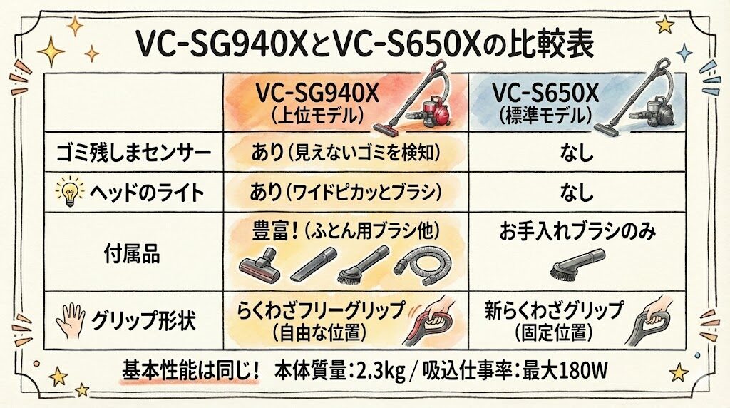 VC-SG940XとVC-S650Xの比較表