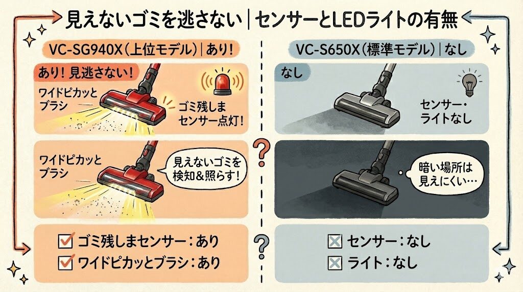 見えないゴミを逃さない｜センサーとLEDライトの有無