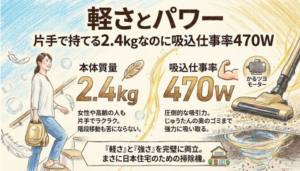 軽さとパワー｜片手で持てる2.4kgなのに吸込仕事率470W