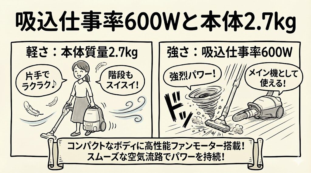 吸込仕事率600Wと本体2.7kg|両モデル共通の強烈パワー