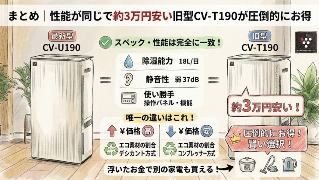 まとめ｜性能が同じで約3万円安い旧型CV-T190が圧倒的にお得