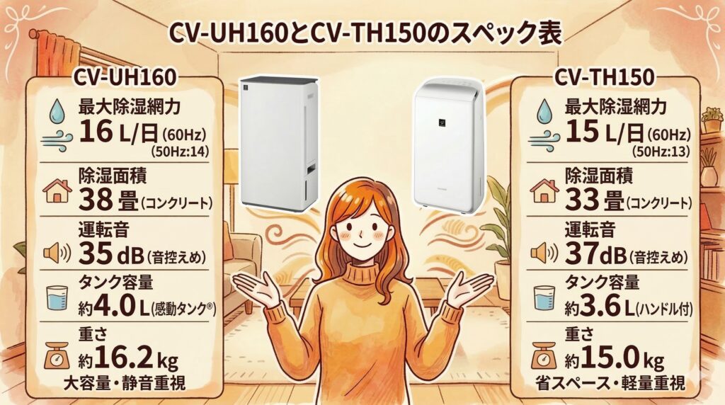 【スペック表】CV-UH160とCV-TH150の基本性能と除湿能力を一覧比較