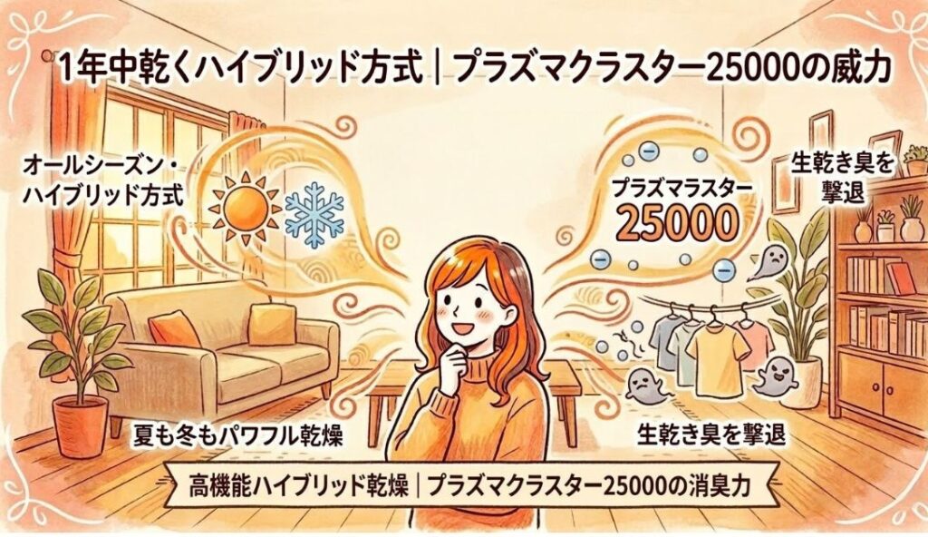 【共通点】1年中乾くハイブリッド方式｜プラズマクラスター25000の威力