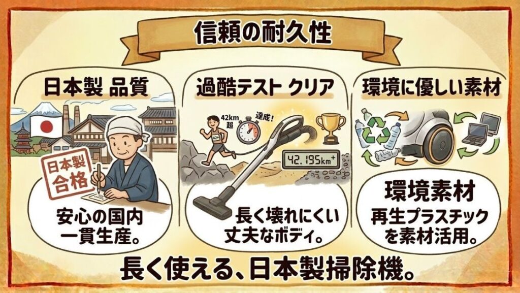 信頼の耐久性｜フルマラソン超えの試験をクリアした国内一貫生産