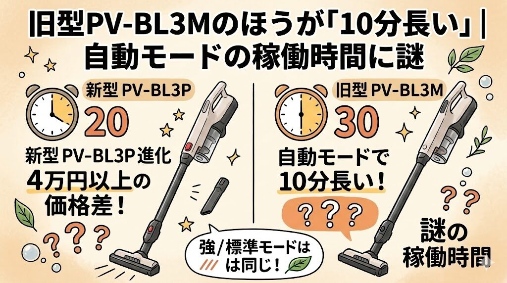 旧型PV-BL3Mのほうが「10分長い」｜自動モードの稼働時間に謎