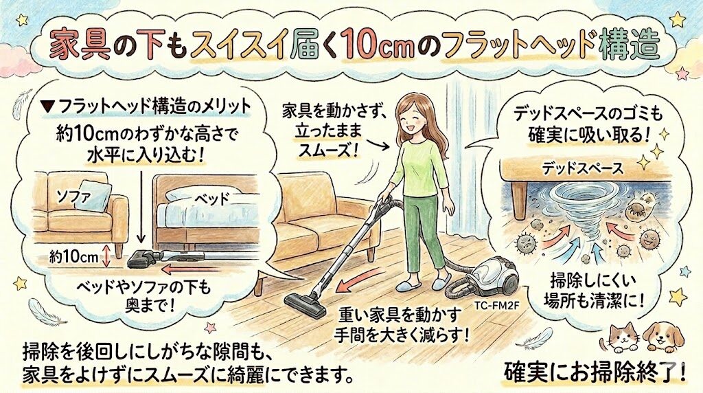 家具の下もスイスイ届く10cmのフラットヘッド構造