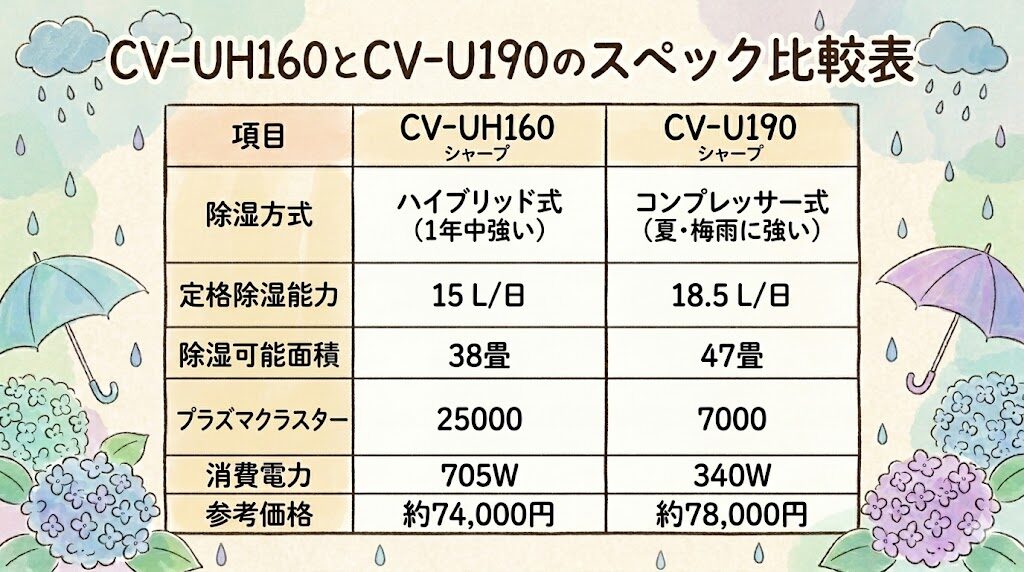 CV-UH160とCV-U190のスペック比較表
