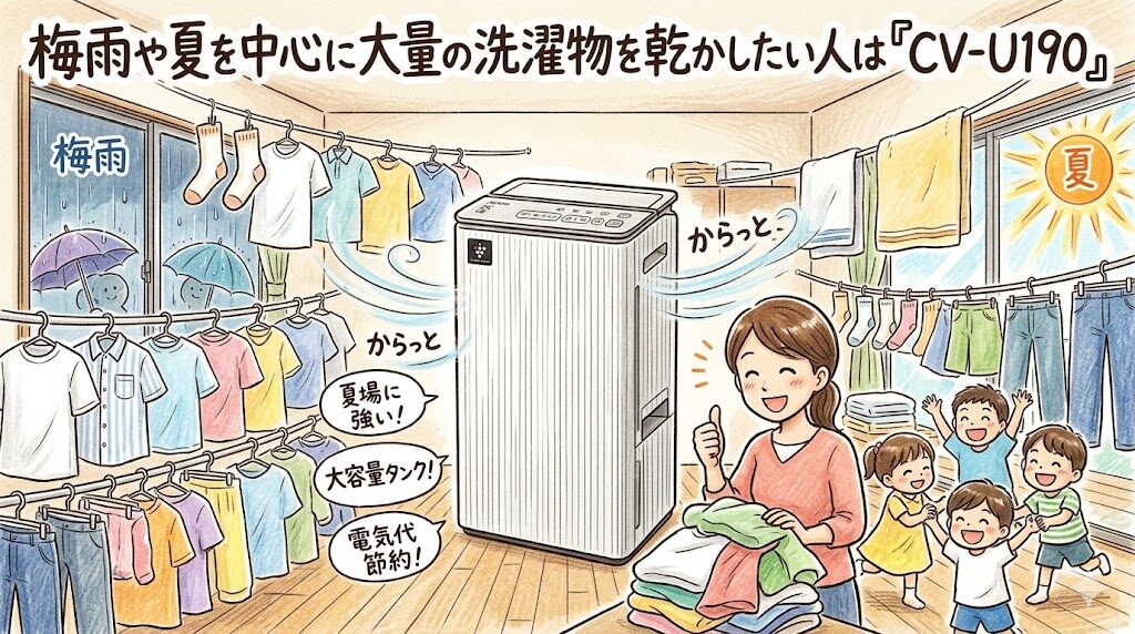 梅雨や夏を中心に大量の洗濯物を乾かしたい人は「CV-U190」