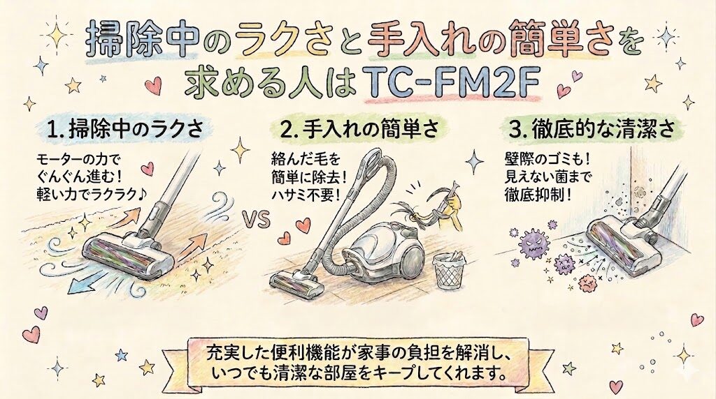 掃除中のラクさと手入れの簡単さを求める人はTC-FM2F