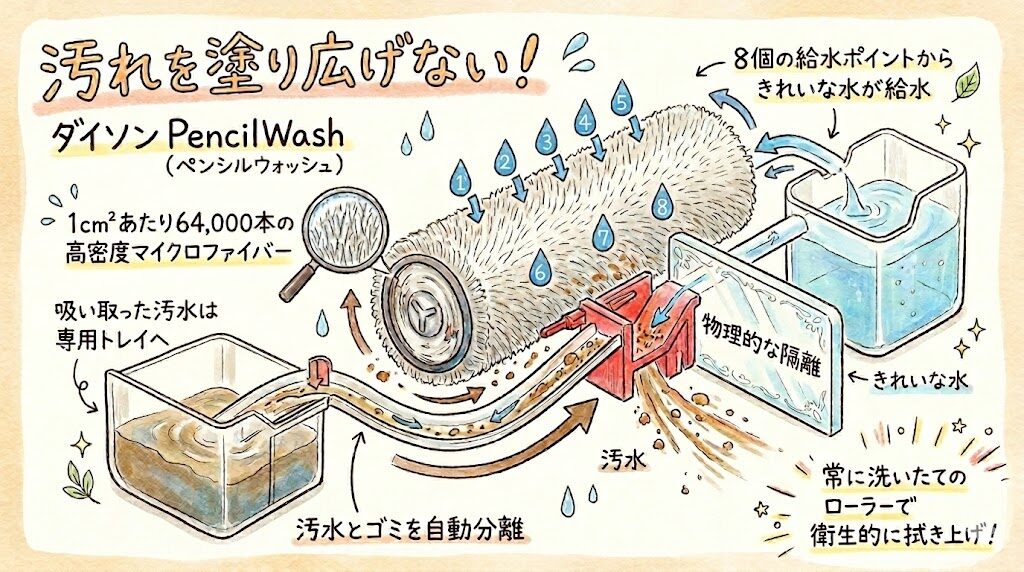 汚れを塗り広げない！常に新しい水で洗う仕組み