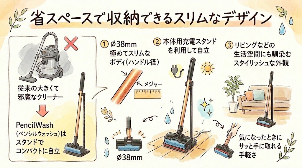 省スペースで収納できるスリムなデザイン