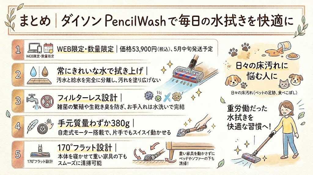 まとめ｜ダイソン PencilWash (WR04 BC) で毎日の水拭きを快適に