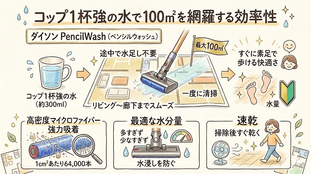 コップ1杯強の水で100㎡を網羅する効率性