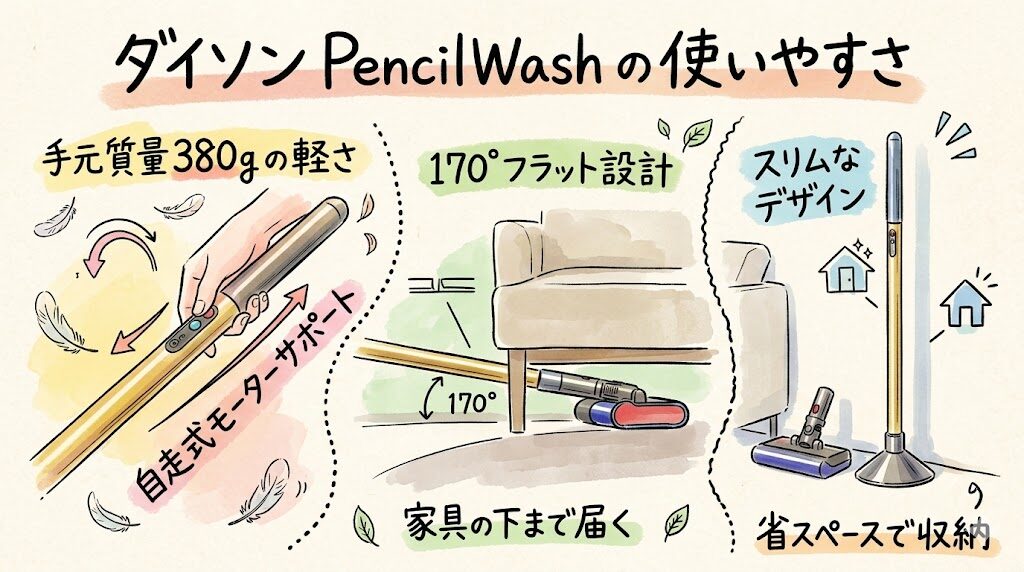 軽い操作感でフラットに届く！ダイソン PencilWash (WR04 BC) の使いやすさ