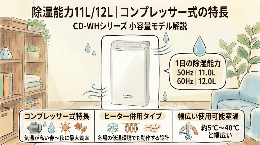 除湿能力11L/12Lとコンプレッサー式の特長
