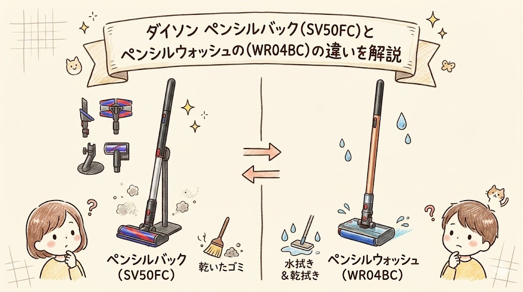ダイソン ペンシルバック（SV50FC）とペンシルウォッシュの（WR04BC）の違いを解説