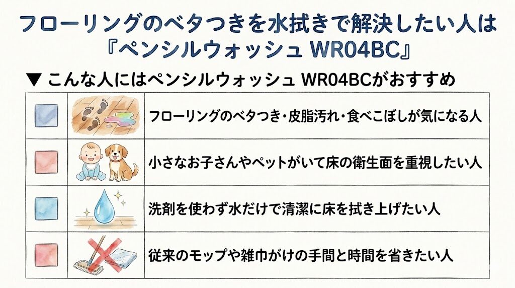 フローリングのベタつきを水拭きで解決したい人は「ペンシルウォッシュ WR04BC」