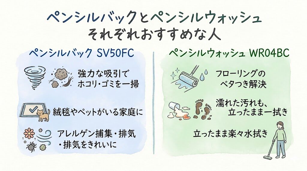 ペンシルバックとペンシルウォッシュそれぞれおすすめな人